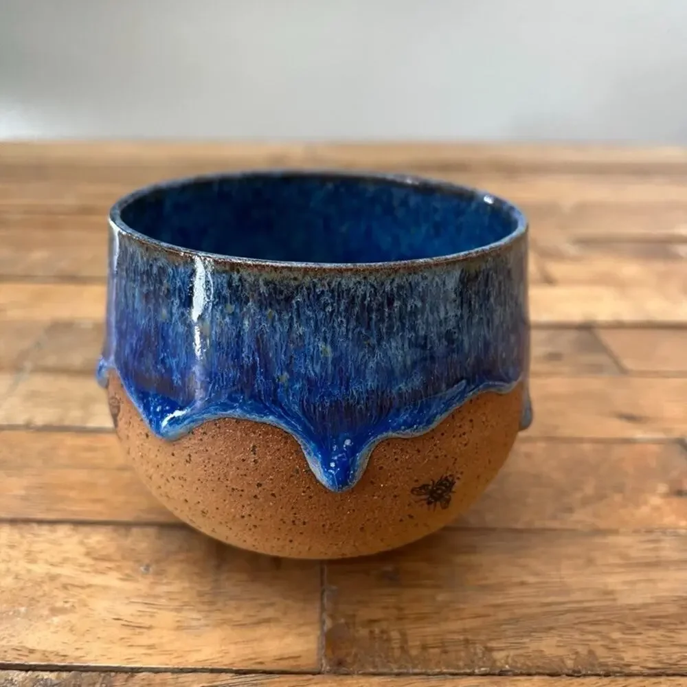 Handmade Stoneware Bowl Speckled Glossy Blue Drip Glaze Black Bees